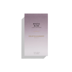 Box of Goldfield & Banks Mystic Bliss 100ml Eau De Parfum, featuring a gradient design with purple and white background text, draws inspiration from the mesmerizing hues of the Aurora Australis.