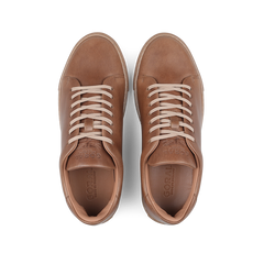 Goral's Brown Horween Leather Mellor II Sneakers feature premium-quality brown leather and white laces, presented from an overhead view.