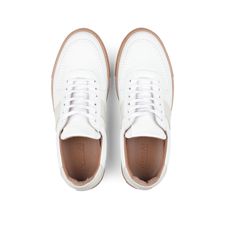 Top view of the Goral White Leather Hadfield Sneakers featuring light brown soles, reminiscent of the classic German military trainer style.