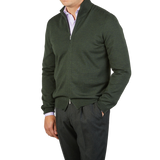 Gran Sasso Green Extrafine Merino Wool Zip Cardigan Front