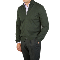 Gran Sasso Green Extrafine Merino Wool Zip Cardigan Front