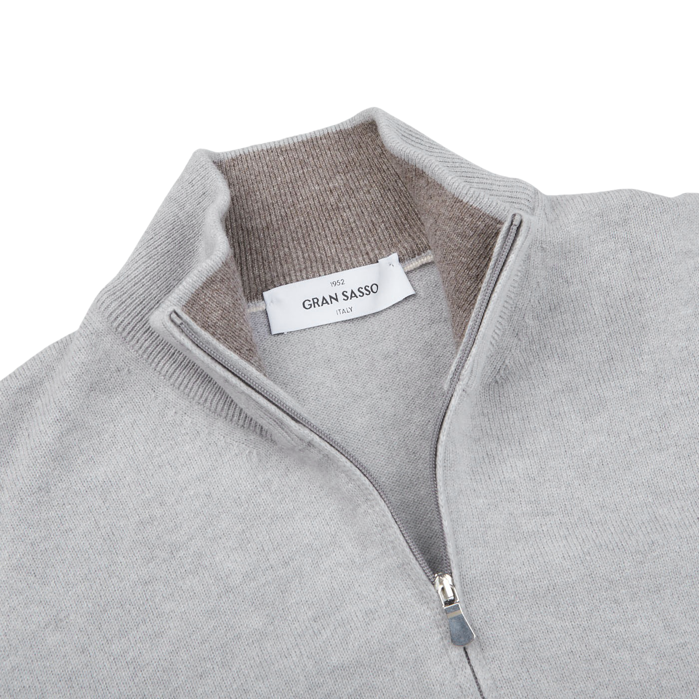 Gran Sasso Light Grey Wool Cashmere 1:4 Zip Sweater Collar
