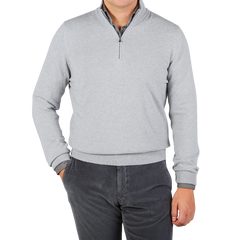 Gran Sasso Light Grey Wool Cashmere 1:4 Zip Sweater Front