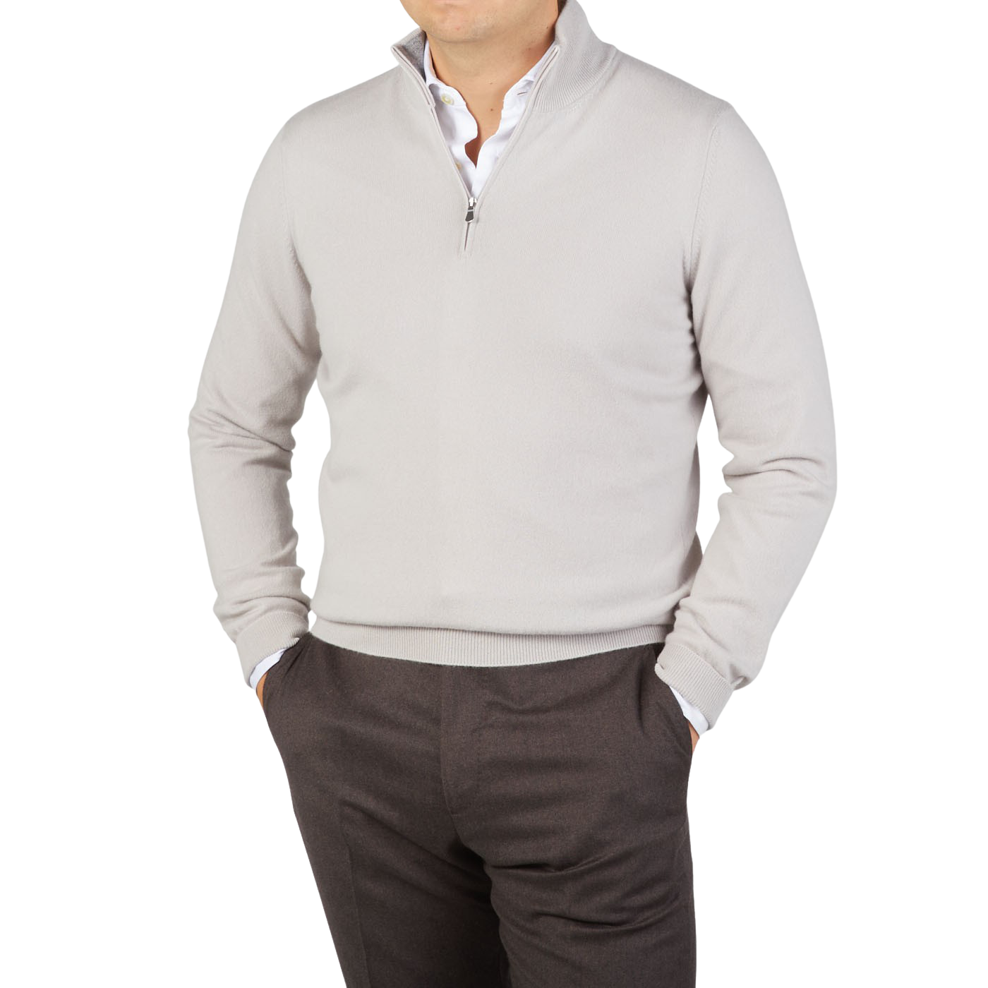 Gran Sasso Light Taupe Cashmere 1:4 Zip Sweater Front
