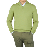 Gran Sasso Lime Green Cashmere 1:4 Zip Sweater Front
