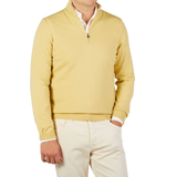 Gran Sasso Muted Yellow Cashmere 1:4 Zip Sweater Front