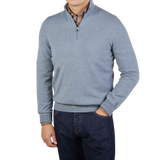 Gran Sasso Steel Blue Cashmere 1:4 Zip Sweater Front