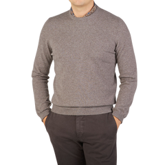 Gran Sasso Taupe Beige Pure Cashmere Crewneck Front