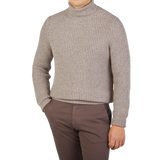 Gran Sasso Taupe Beige Wool Blend Chunky Rollneck Front