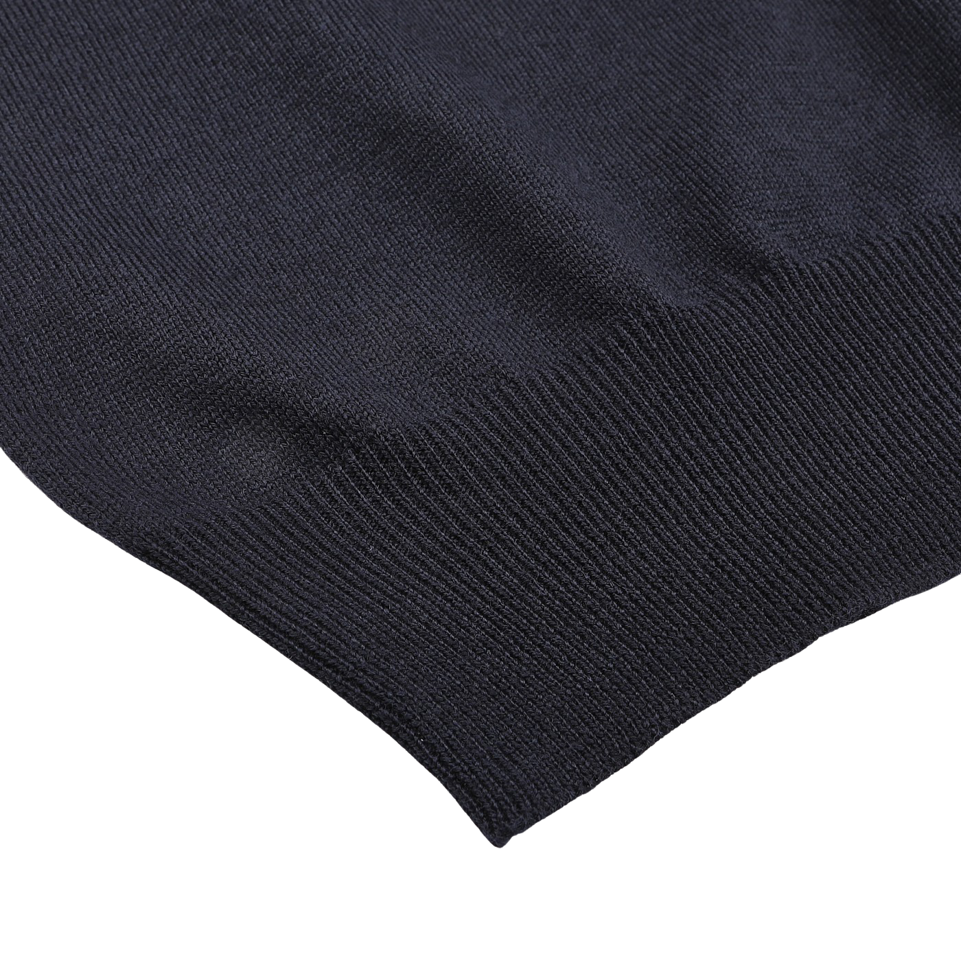 Close-up of the Navy Extra Fine Merino Crew Neck by Gran Sasso, featuring black knitted fabric with ribbed hem detail, perfect for adding warmth to your wardrobe.