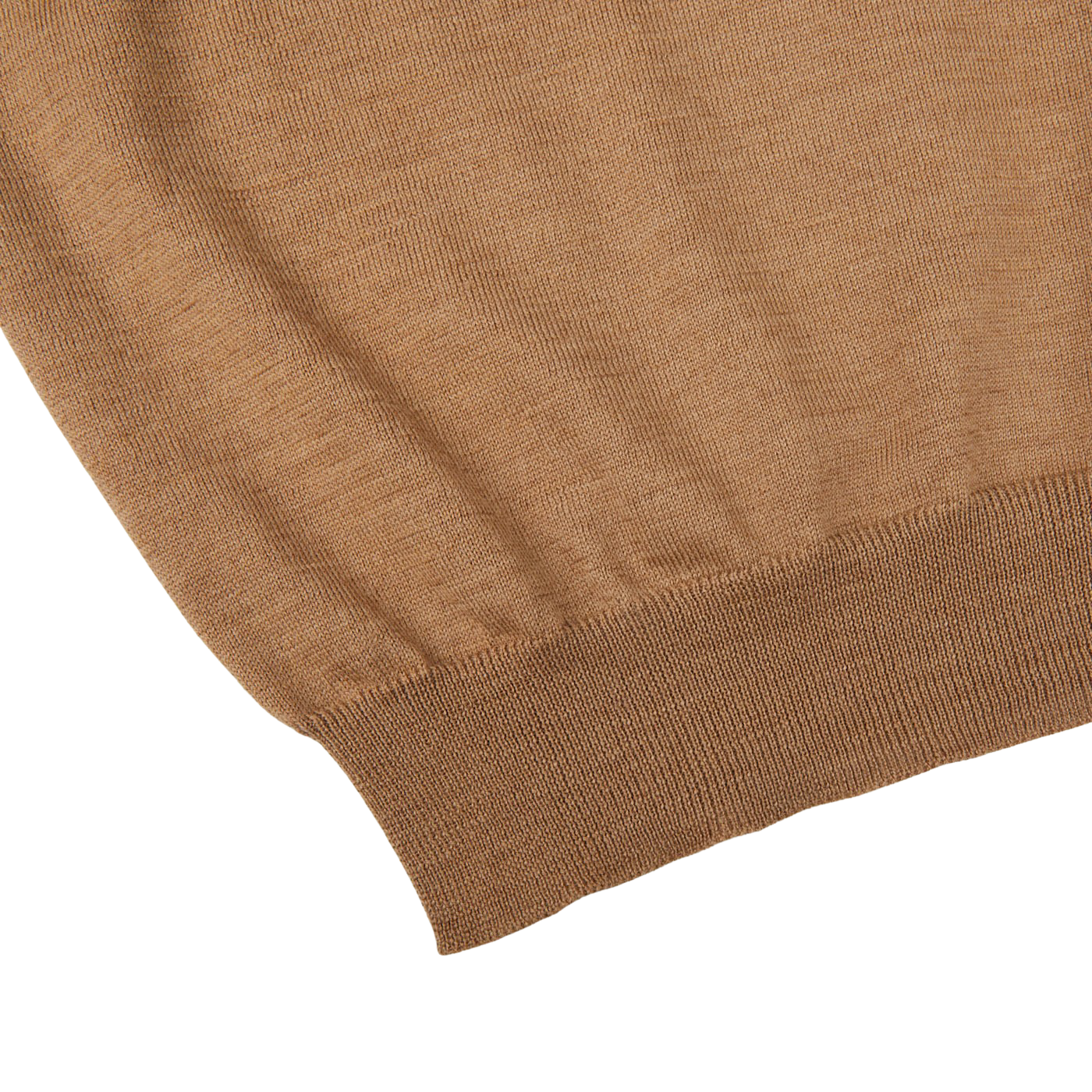A close up of a Gran Sasso Camel Beige Extra Fine Merino Roll Neck sweater with a slim fit.
