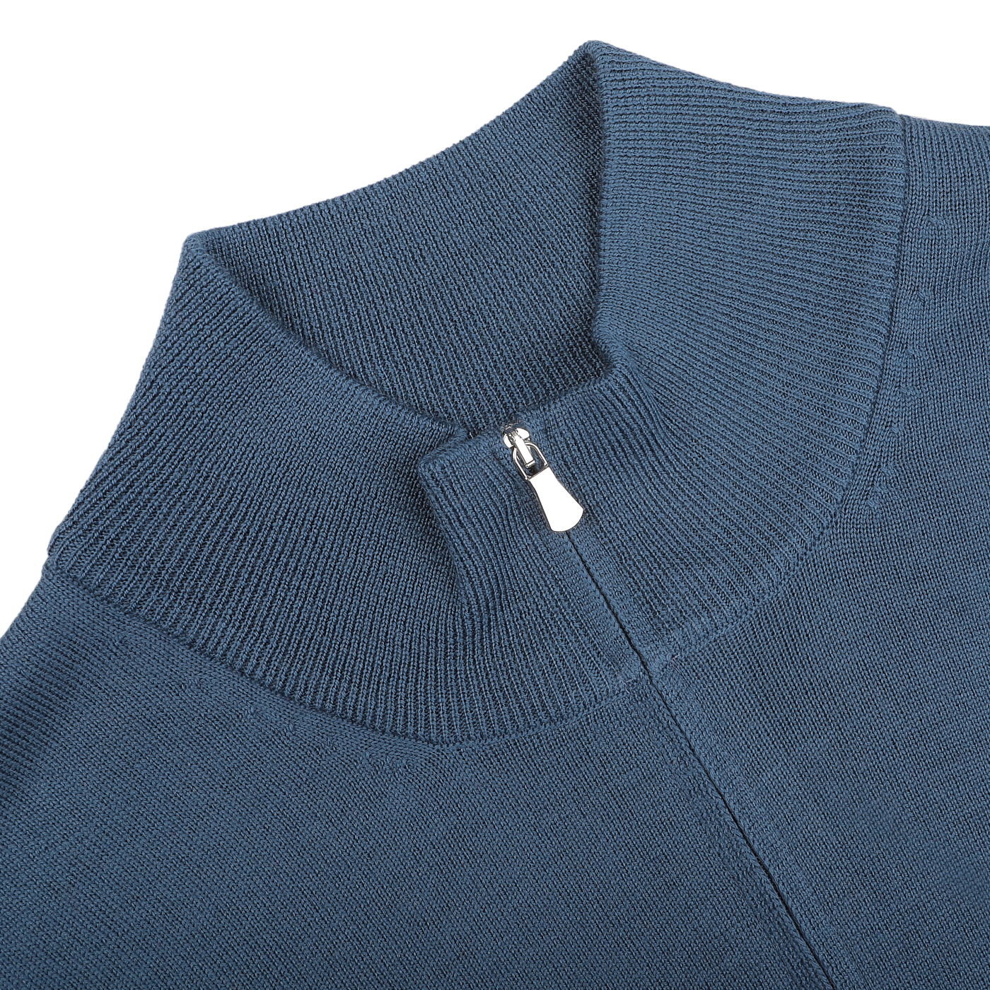 Close-up of an Airforce Blue Extrafine Merino Wool Zip Cardigan from Gran Sasso, featuring a high collar and a half-zip closure.