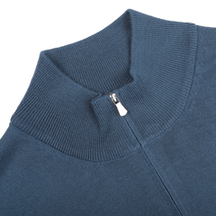 Close-up of an Airforce Blue Extrafine Merino Wool Zip Cardigan from Gran Sasso, featuring a high collar and a half-zip closure.