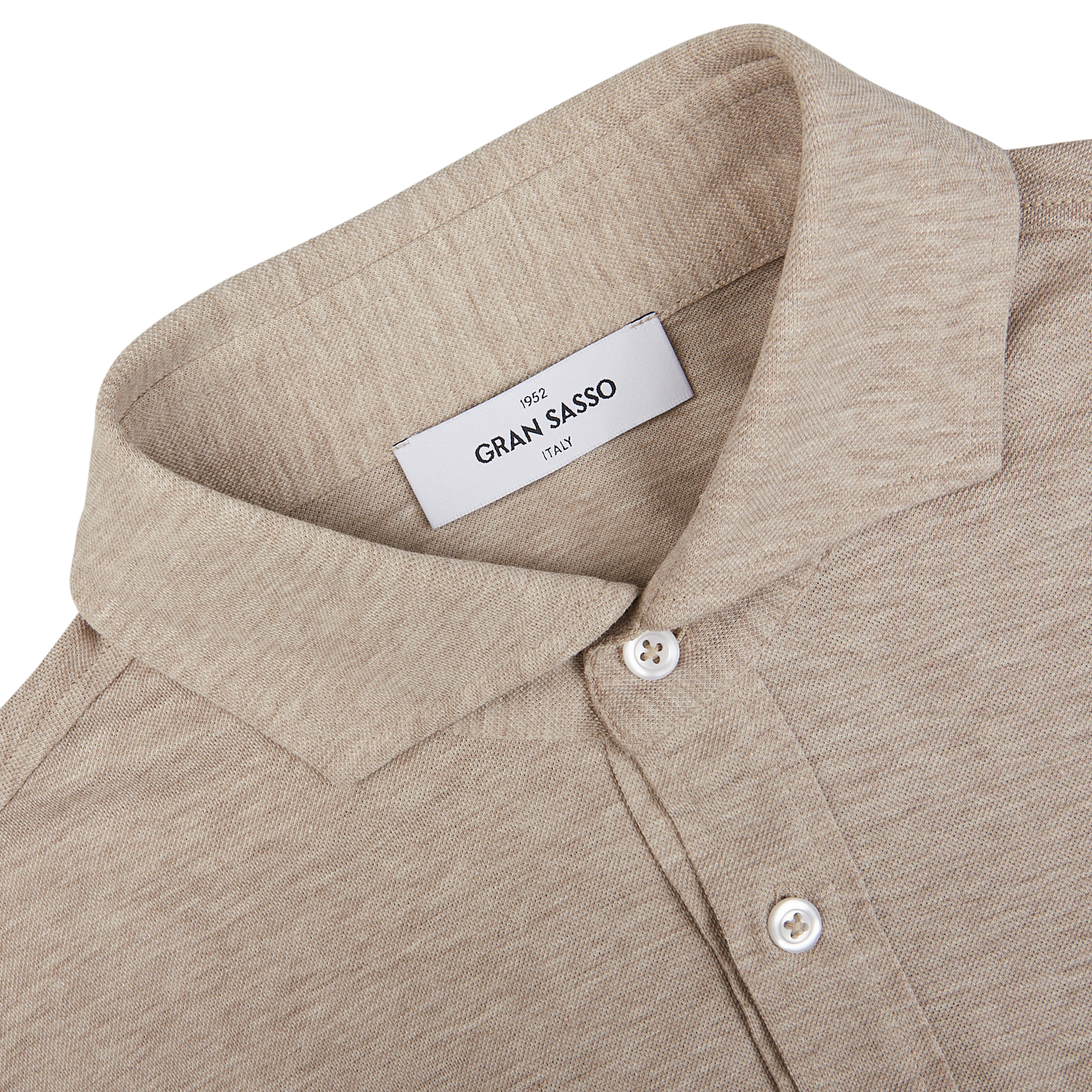Gran Sasso Beige Cotton Jersey Popover Shirt with a close-up on the collar and brand label.