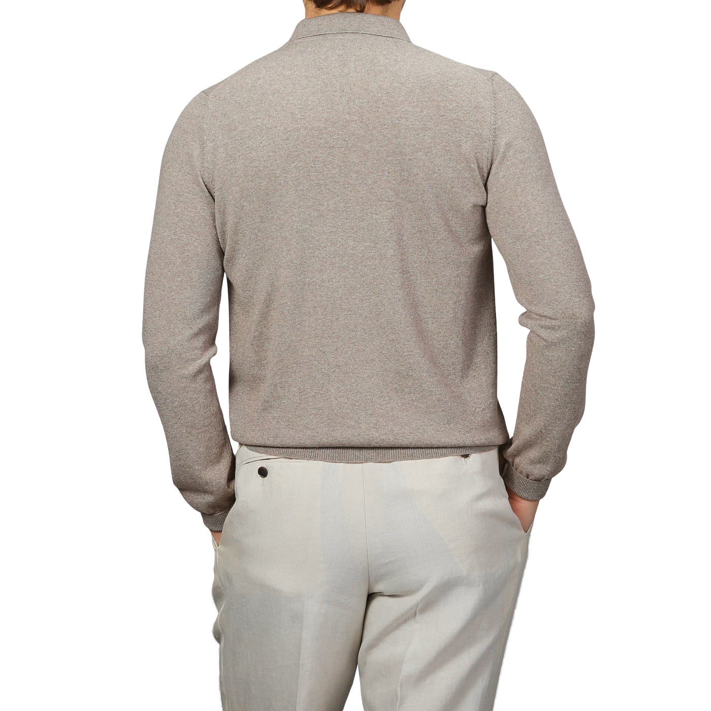 A person is shown from the back wearing a beige extra fine Merino wool polo shirt by Gran Sasso and light khaki pants.