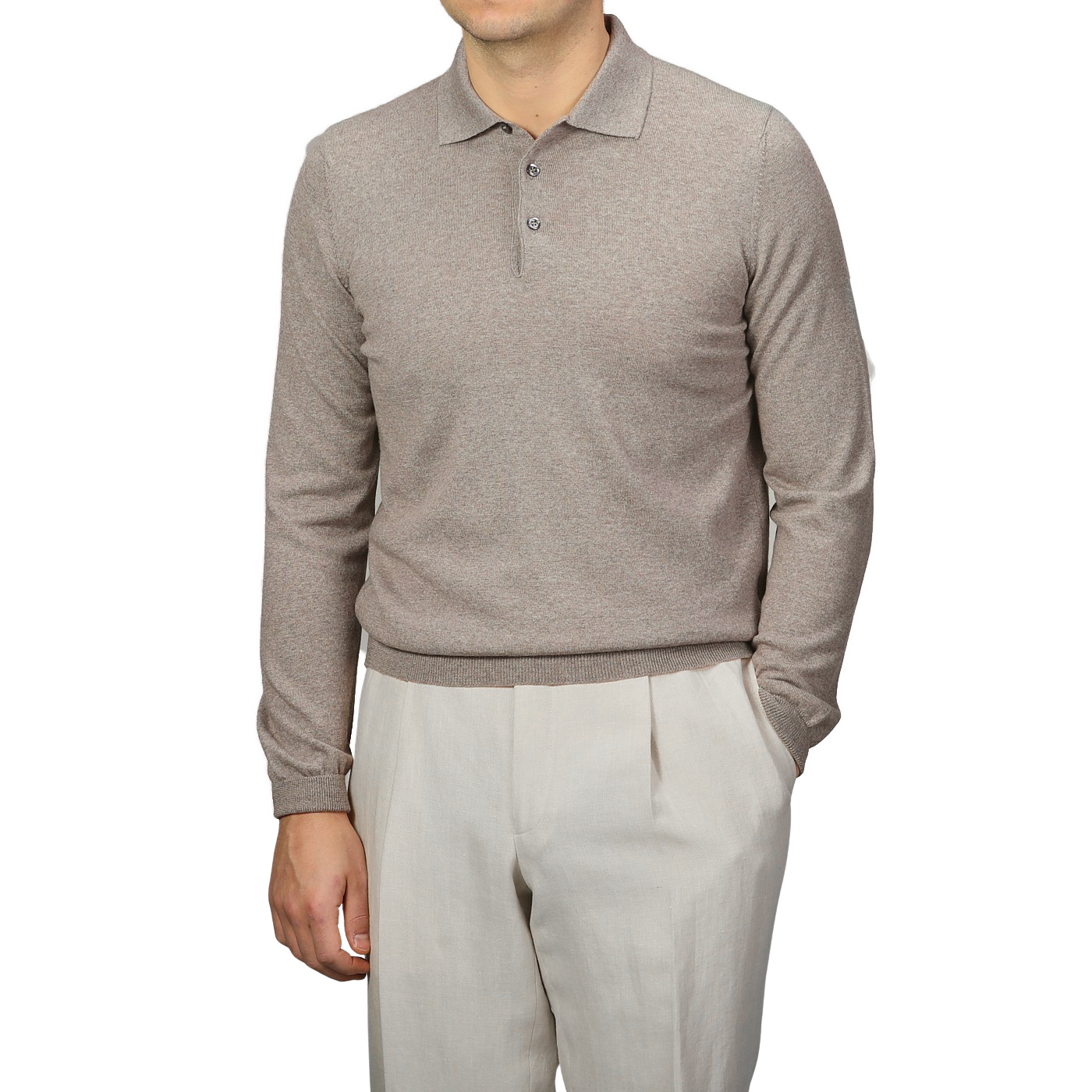 A person wearing a beige Gran Sasso Extra Fine Merino Wool Polo Shirt stands against a plain background, paired perfectly with cream-colored pants.