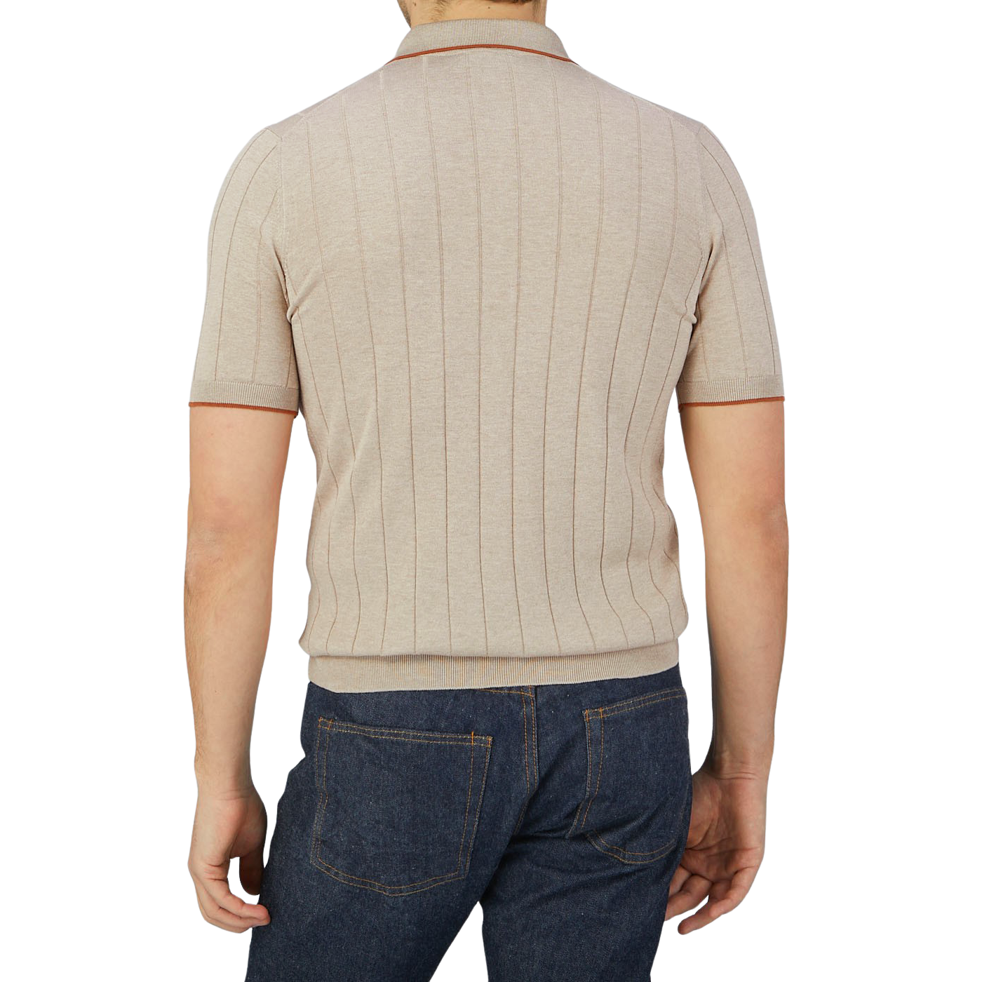 A man wearing a Gran Sasso Taupe Beige Knitted Silk Zip Polo Shirt with a half-zip closure, seen from the back.