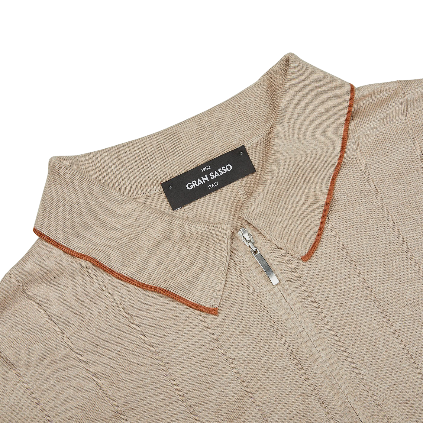 A Gran Sasso taupe beige knitted silk zip polo shirt with orange trim.