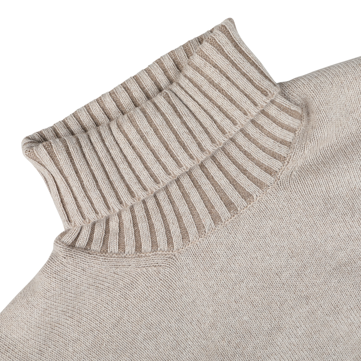 A close-up image of the Beige Melange Pure Cashmere Rollneck by Gran Sasso, showcasing its ribbed collar and neck seam, crafted from luxurious Scottish yarn.