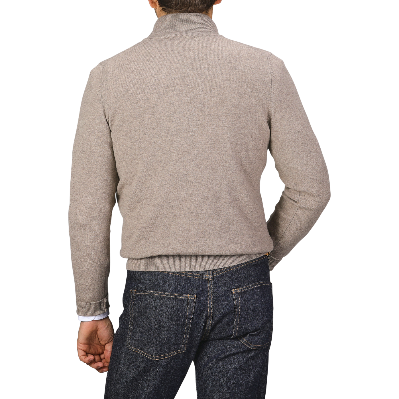 A person wearing a durable and comfortable Gran Sasso Beige Wool Cashmere 1/4 Zip Sweater paired with blue jeans is shown from the back.