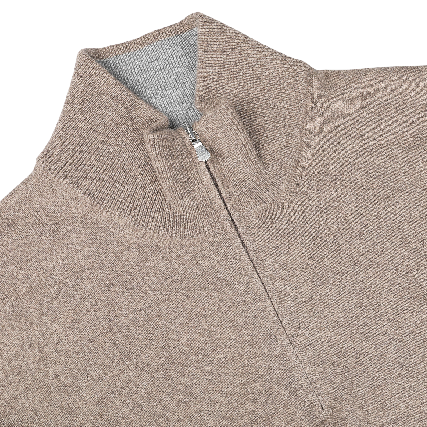 Close-up of the Beige Wool Cashmere 1/4 Zip Sweater by Gran Sasso, featuring a ribbed collar and a visible metal zipper pull. This durable and comfortable sweater is expertly crafted from sustainable knitwear.