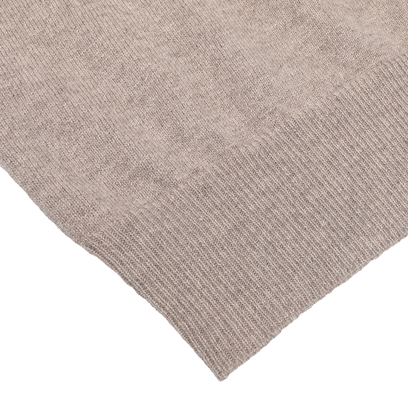 Close-up of a beige wool cashmere fabric with a ribbed hem, showcasing the texture and detail of this durable and comfortable Beige Wool Cashmere 1/4 Zip Sweater by Gran Sasso.