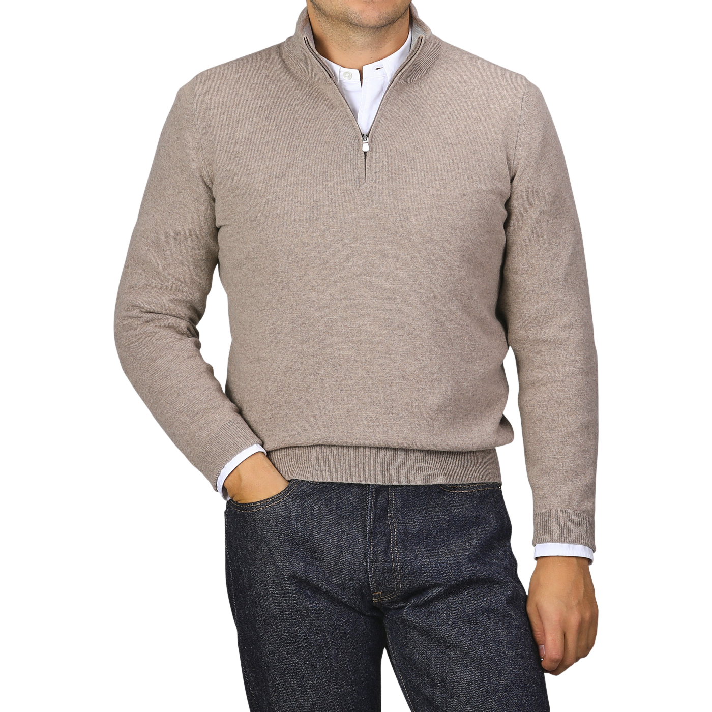 A person wearing a Gran Sasso Beige Wool Cashmere 1/4 Zip Sweater over a white shirt and dark blue jeans stands in front of a plain backdrop.