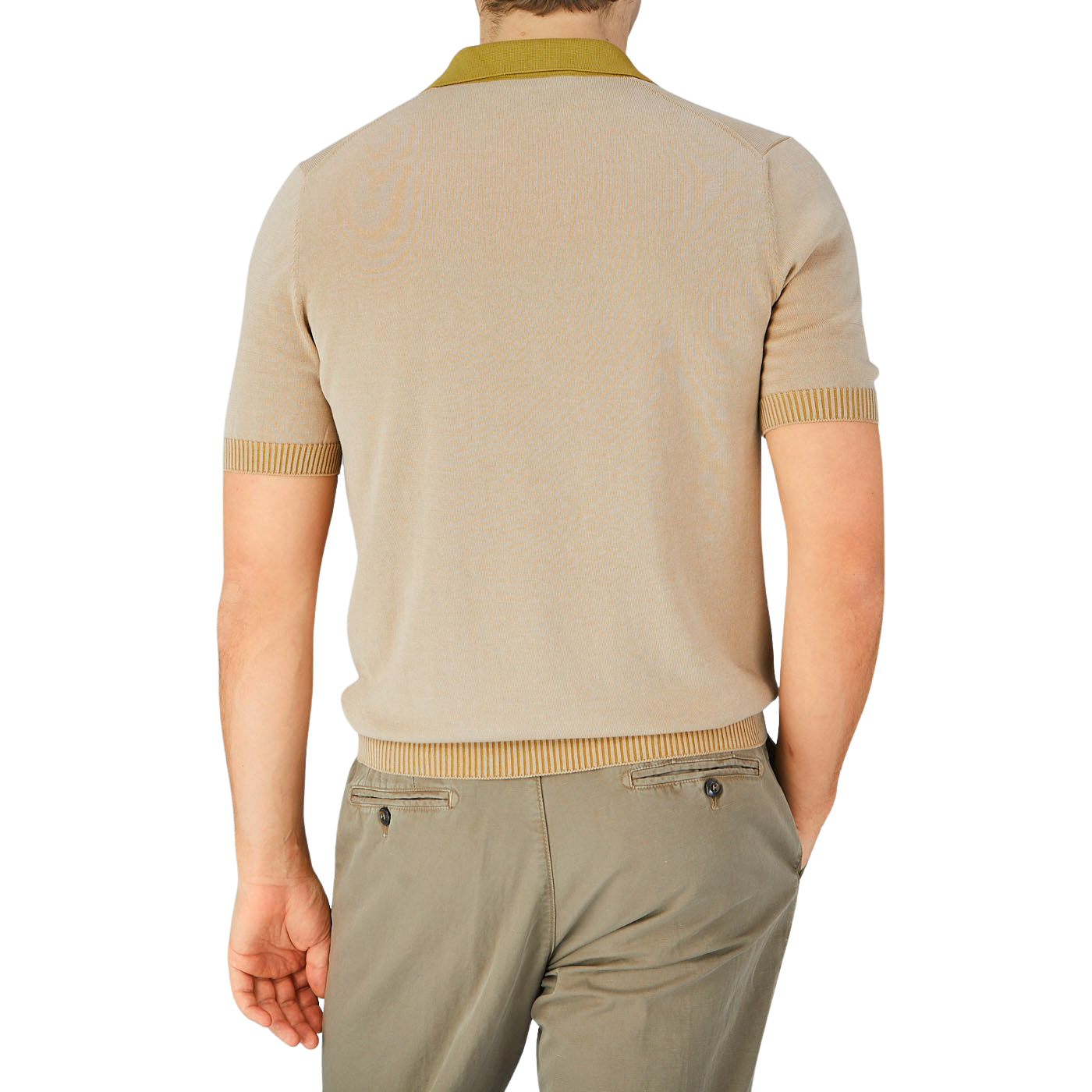 The back view of a man wearing a Gran Sasso Beige Cotton Contrast Collar Polo Shirt and khaki pants.