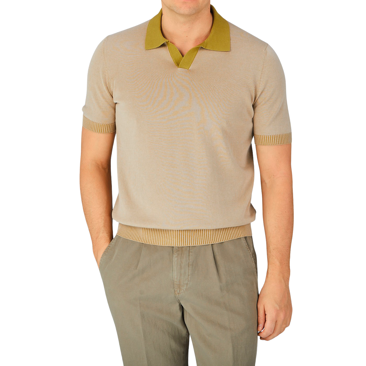 A man wearing a Gran Sasso Beige Cotton Contrast Collar Polo Shirt and khaki pants.