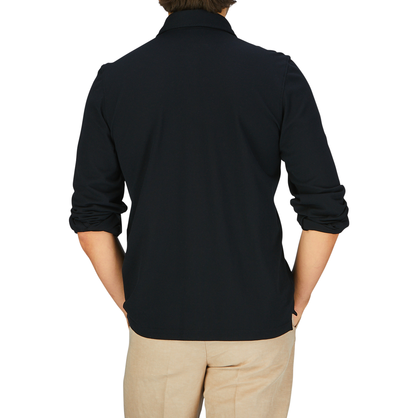 Rear view of a person wearing a black long-sleeve Gran Sasso Black Cotton Jersey Popover Shirt and beige pants.