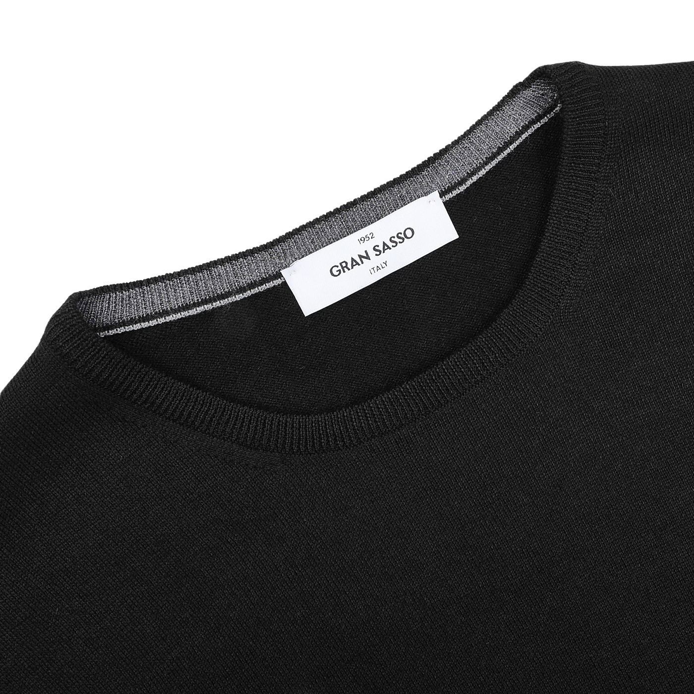 The Gran Sasso Black Extra Fine Merino Crew Neck sweater features a classic design and a visible inside collar label, making it the perfect match for your favorite selvage denim for a timeless look.