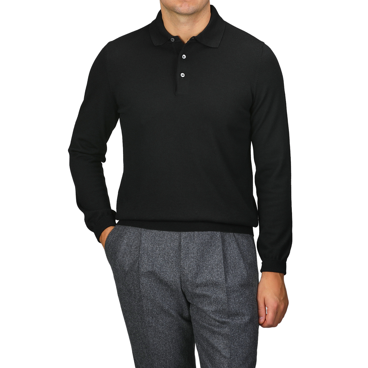 A person wearing a Gran Sasso Black Extra Fine Merino Wool Polo Shirt and gray trousers stands with one hand in their pocket against a neutral background.