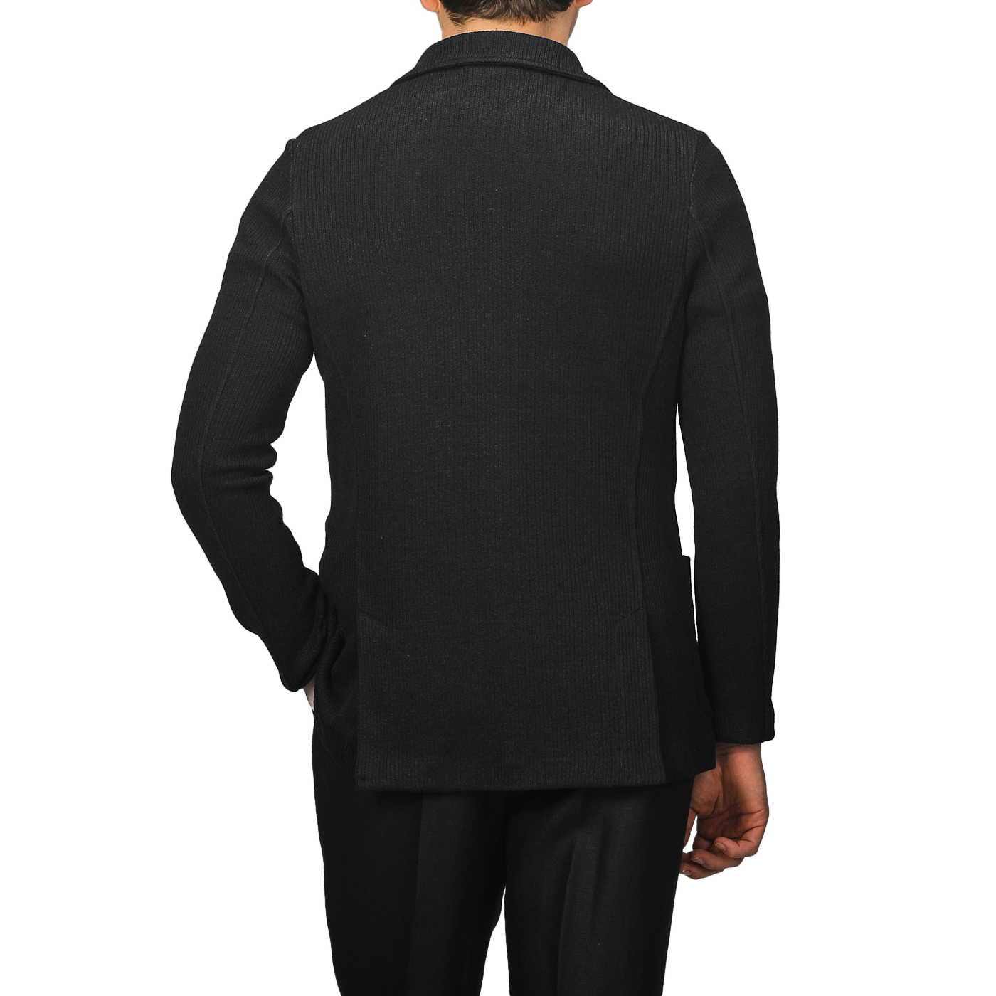 The rear view features a person wearing a slim fit, black knitted blazer with long sleeves, reflecting the elegant style of Gran Sasso's Black Linen Cotton Blazer.