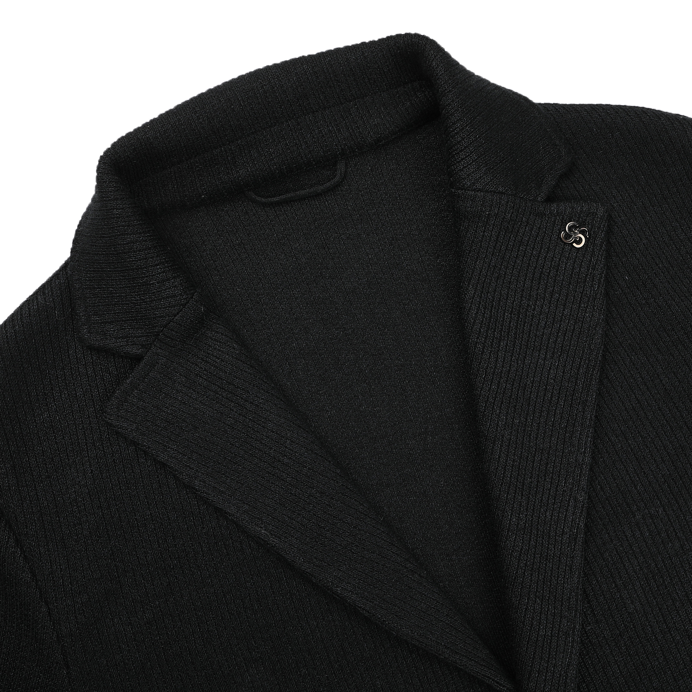 The Black Linen Cotton Knitted Blazer by Gran Sasso showcases a visible metal pin on the lapel, with a close-up of the collar and slim fit upper chest area, set against a white background.