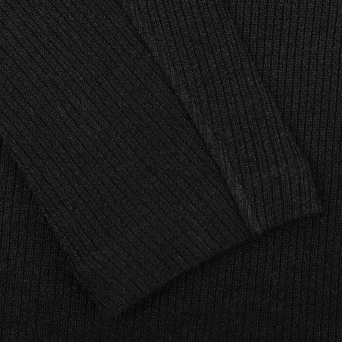 Close-up of a black ribbed knit fabric, reminiscent of the texture found in a Gran Sasso Black Linen Cotton Knitted Blazer, showing two overlapping layers.