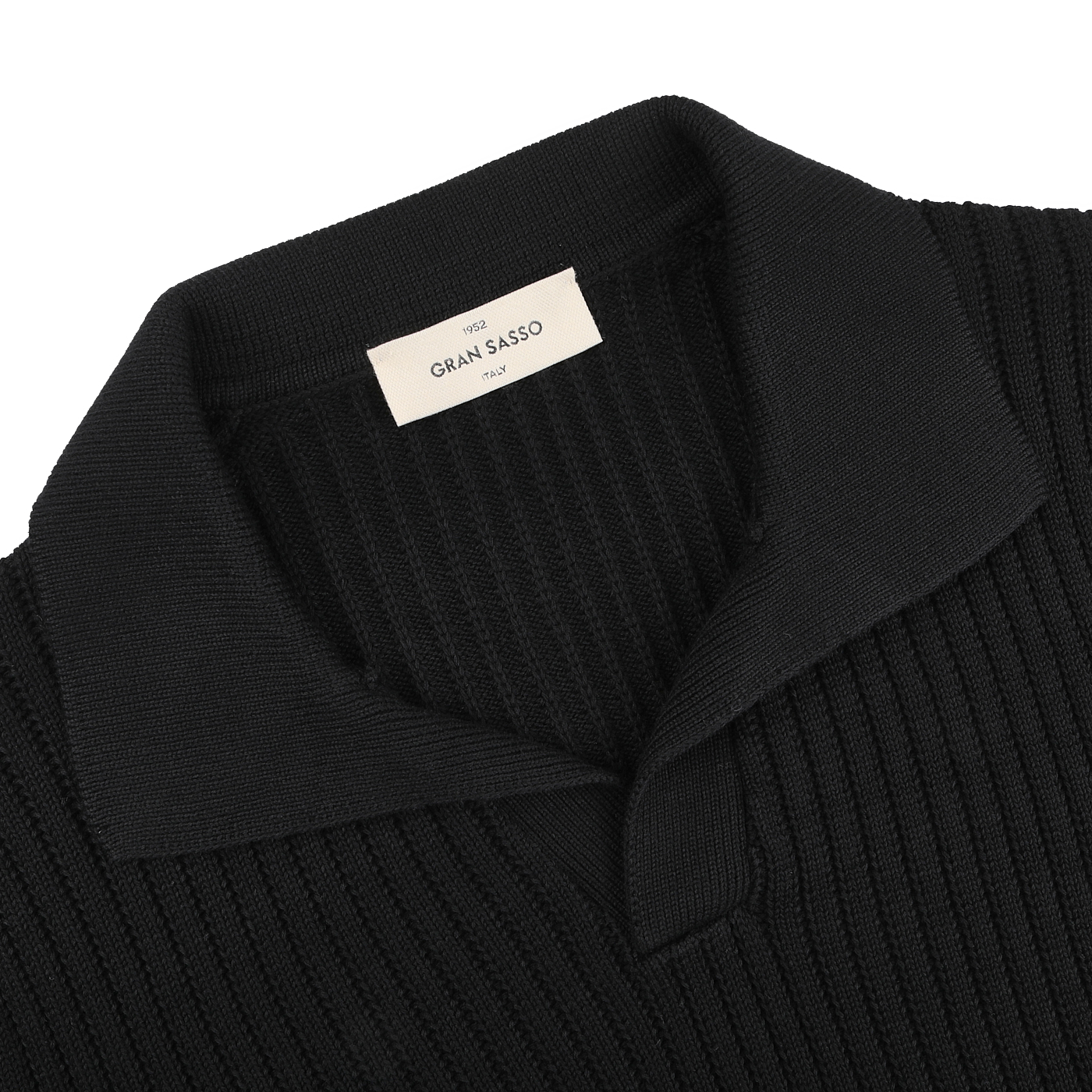 The Black Organic Cotton Polo Shirt from Gran Sasso is a ribbed chunky-knit piece featuring a folded collar and a "Gran Sasso" label inside the neckline.