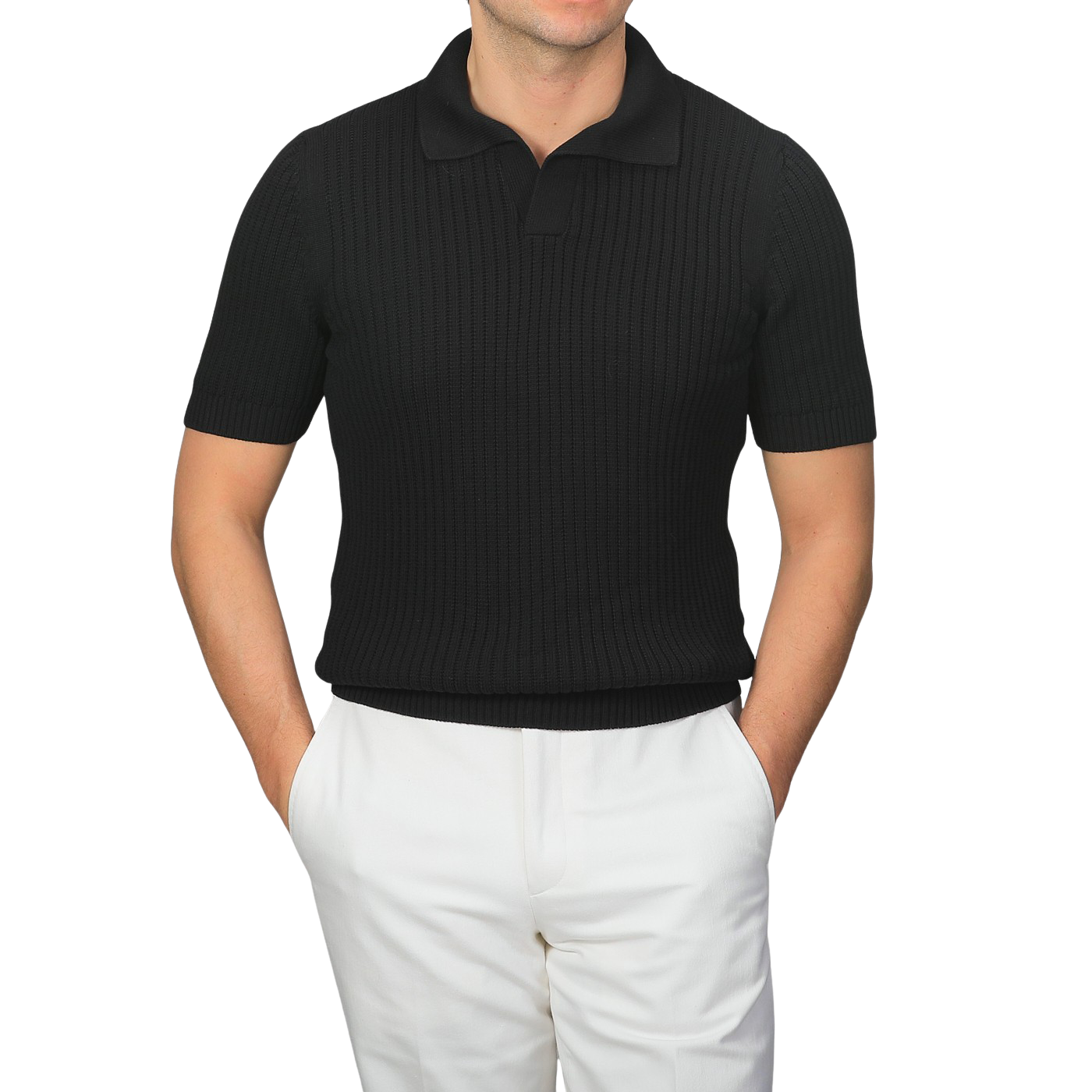 A person is wearing a Gran Sasso Black Organic Cotton Polo Shirt, slim fit style, paired with white pants and hands in pockets.