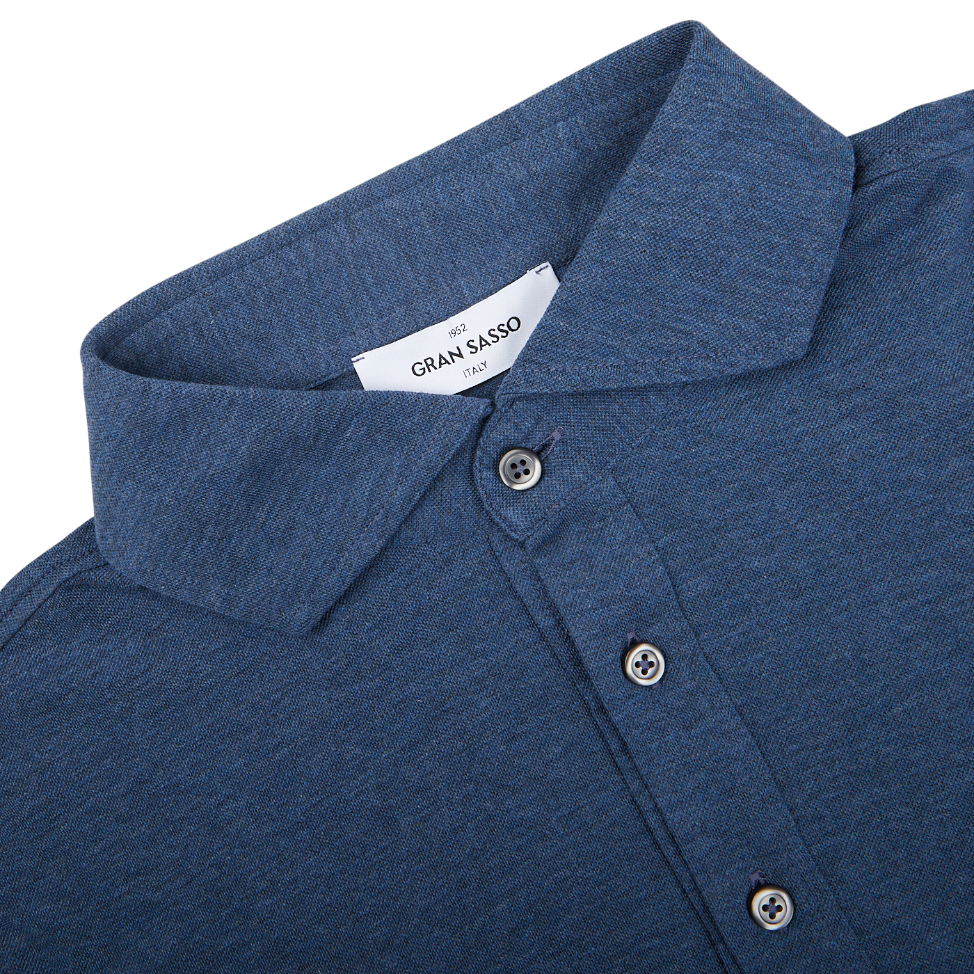 Close-up of a Gran Sasso Blue Cotton Jersey Popover Shirt collar with buttons.
