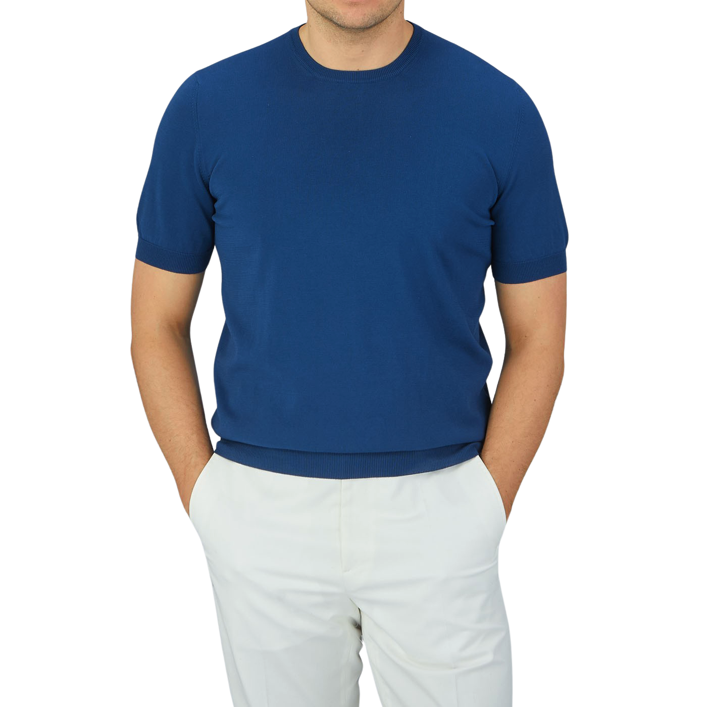 A man wearing a lightweight Indigo Blue Knitted Organic Cotton T-Shirt by Gran Sasso.