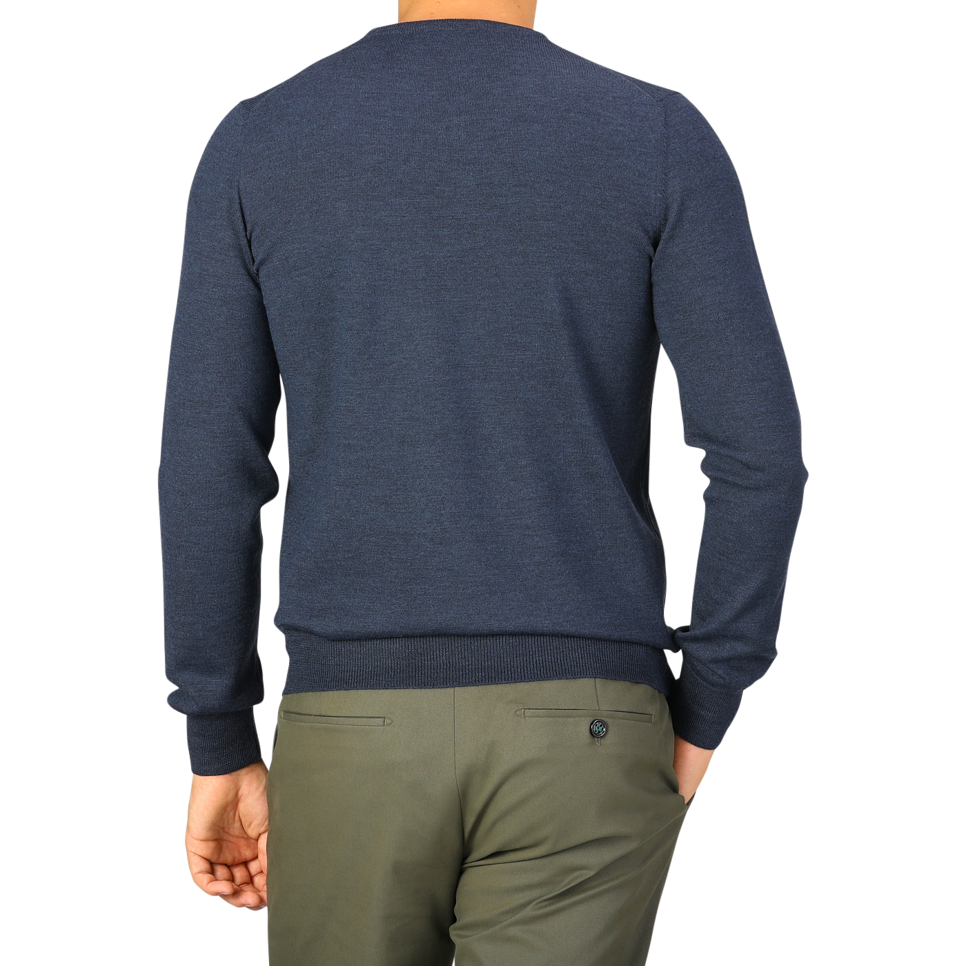 A person wearing a Blue Melange Extra Fine Merino Crew Neck by Gran Sasso and olive green pants, facing away from the camera.