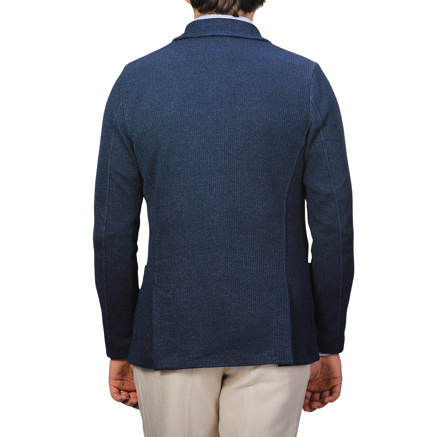 A person wearing a Gran Sasso Blue Melange Linen Cotton Knitted Blazer stands facing away, paired with beige pants against a plain gray background.