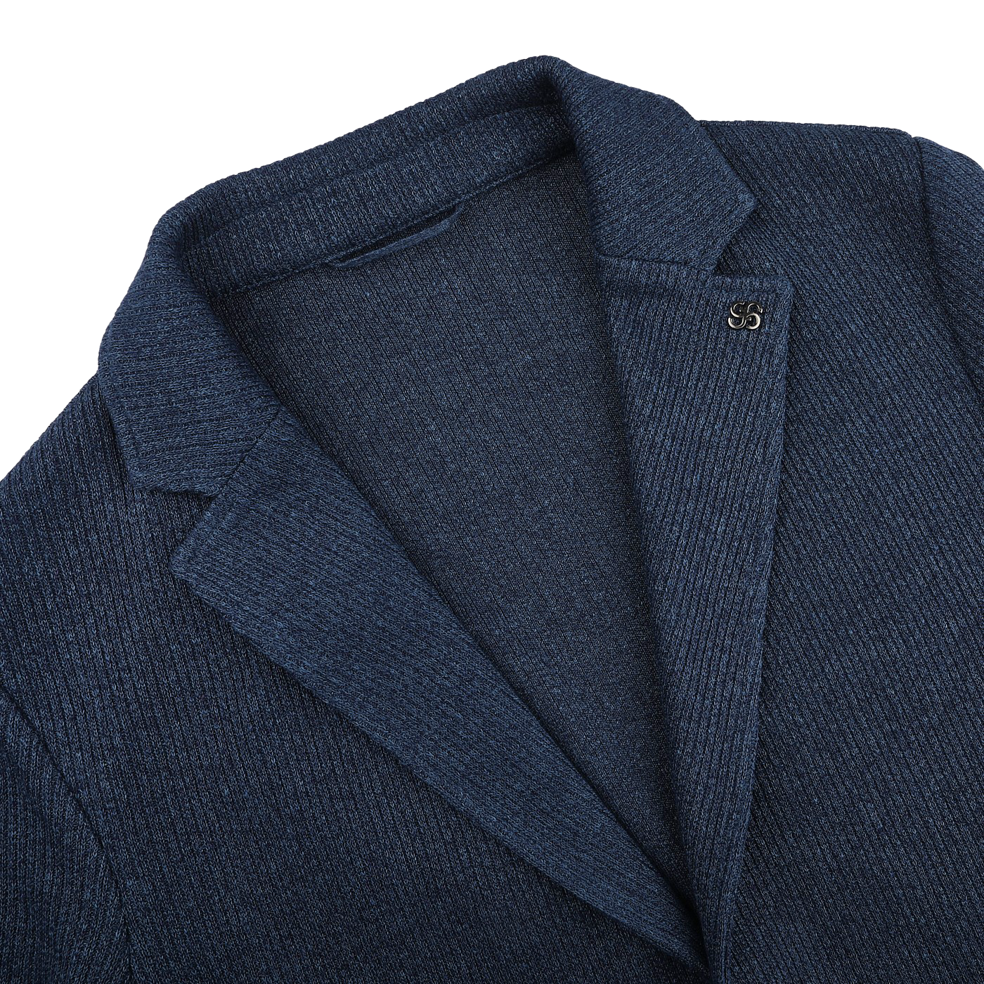 The Gran Sasso Blue Melange Linen Cotton Knitted Blazer, featuring a ribbed texture and lapel pin on the collar, is displayed on a flat white surface.