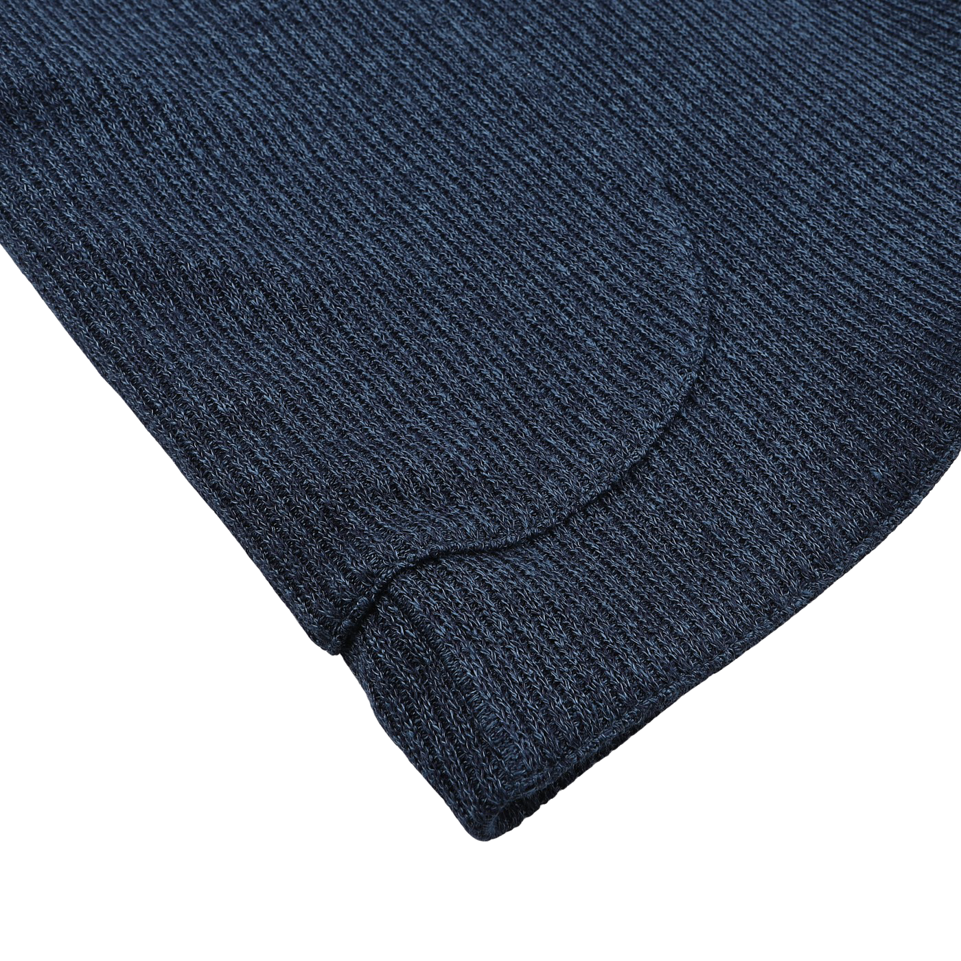 A close-up of the Blue Melange Linen Cotton Knitted Blazer by Gran Sasso on a white surface displays its ribbed texture and curved seam detail in the corner.