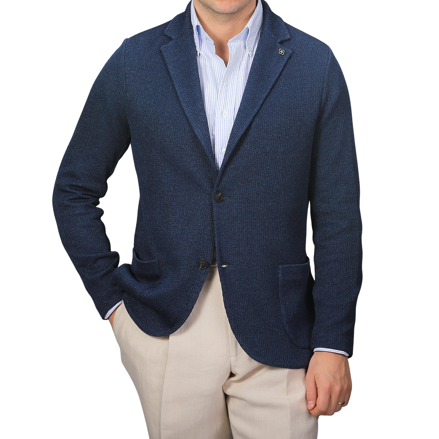 A person wearing a Gran Sasso Blue Melange Linen Cotton Knitted Blazer over a light blue striped shirt with beige pants stands against a plain gray background.