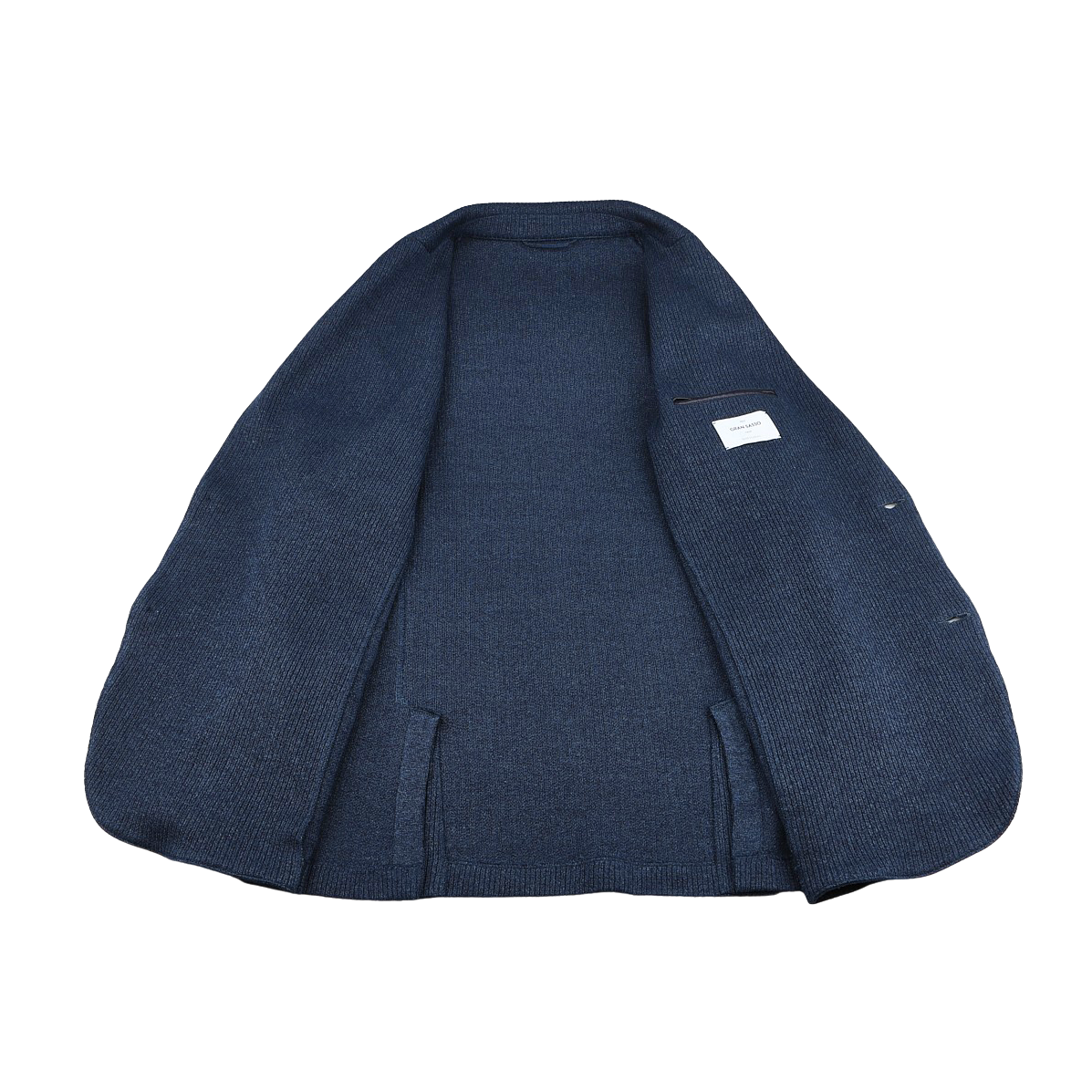 The Blue Melange Linen Cotton Knitted Blazer by Gran Sasso is displayed flat, showcasing its inner lining and a small label on the right side.