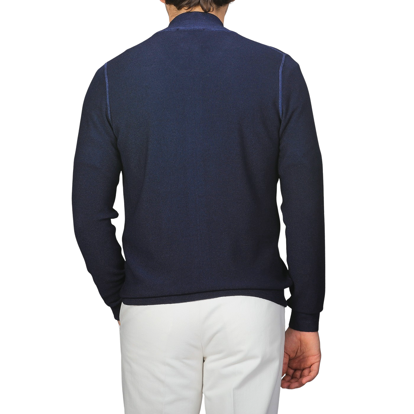 Wearing Gran Sasso's Blue Melange Vintage Wool Zip Cardigan, this person is seen from the back against a gray background while paired with white pants, exuding vintage vibes.