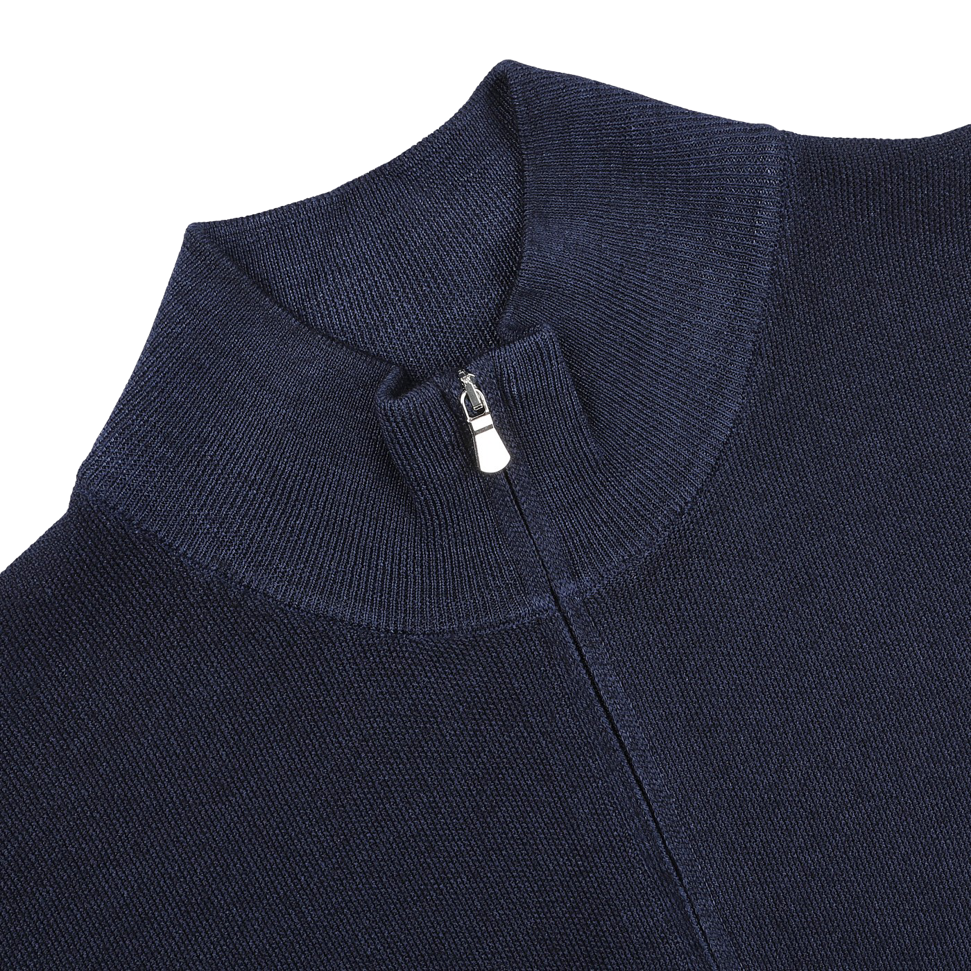 The Gran Sasso Blue Melange Vintage Wool Zip Cardigan, featuring a high collar, is displayed in a close-up on a white background.