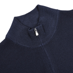 The Gran Sasso Blue Melange Vintage Wool Zip Cardigan, featuring a high collar, is displayed in a close-up on a white background.