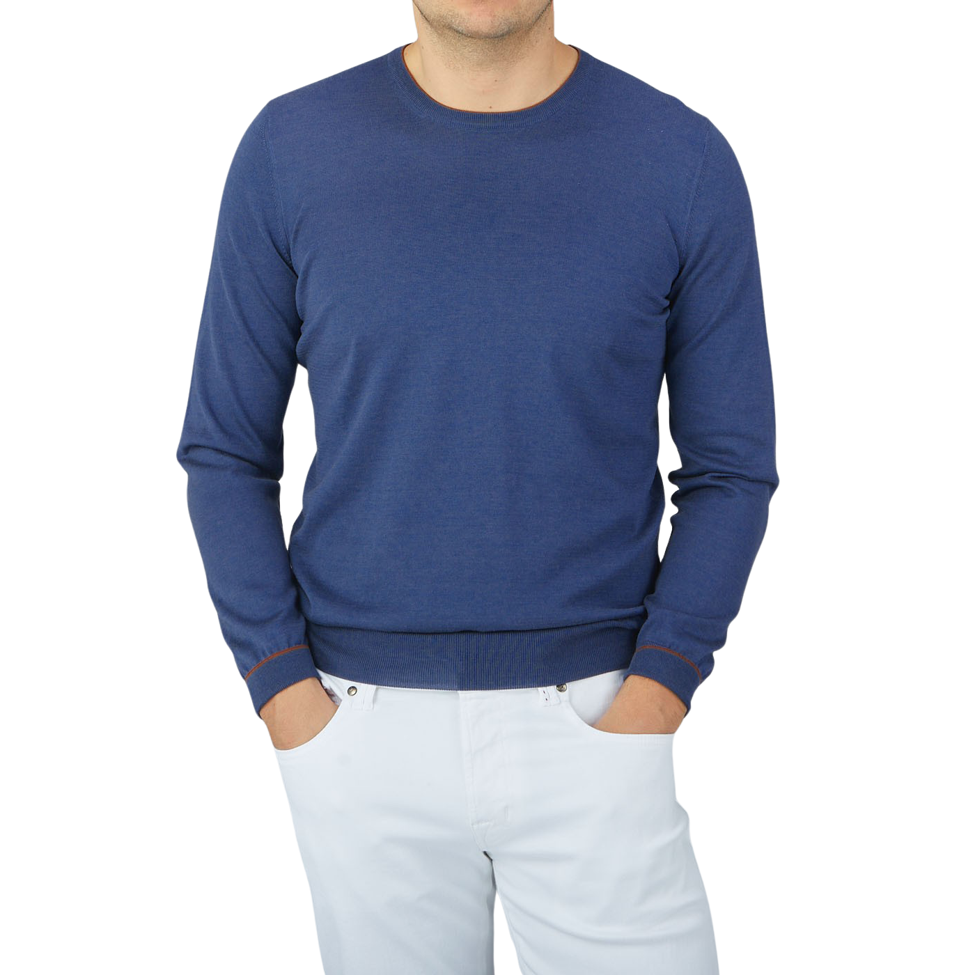 A man wearing a Gran Sasso Dark Blue Silk Cotton Crewneck Sweater.