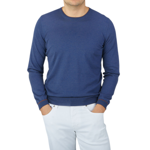 A man wearing a Gran Sasso Dark Blue Silk Cotton Crewneck Sweater.